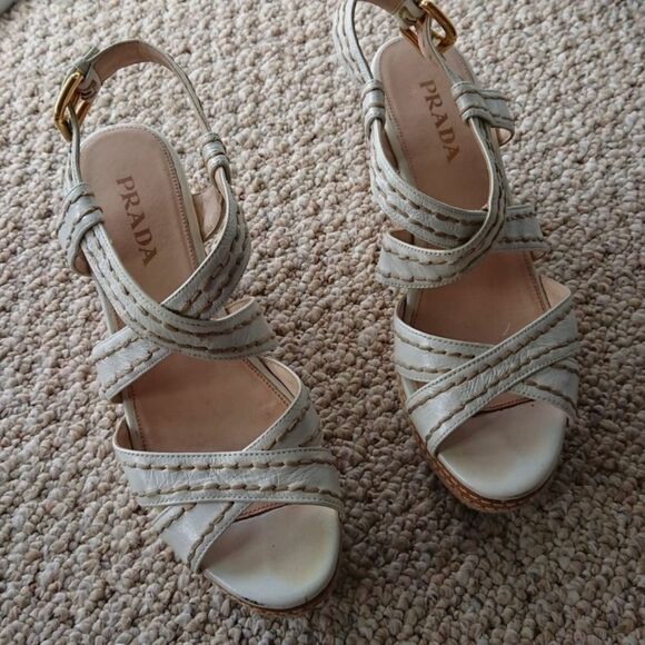 Prada White leather criss cross Wedges Sandals size 36.5 - Picture 8 of 16